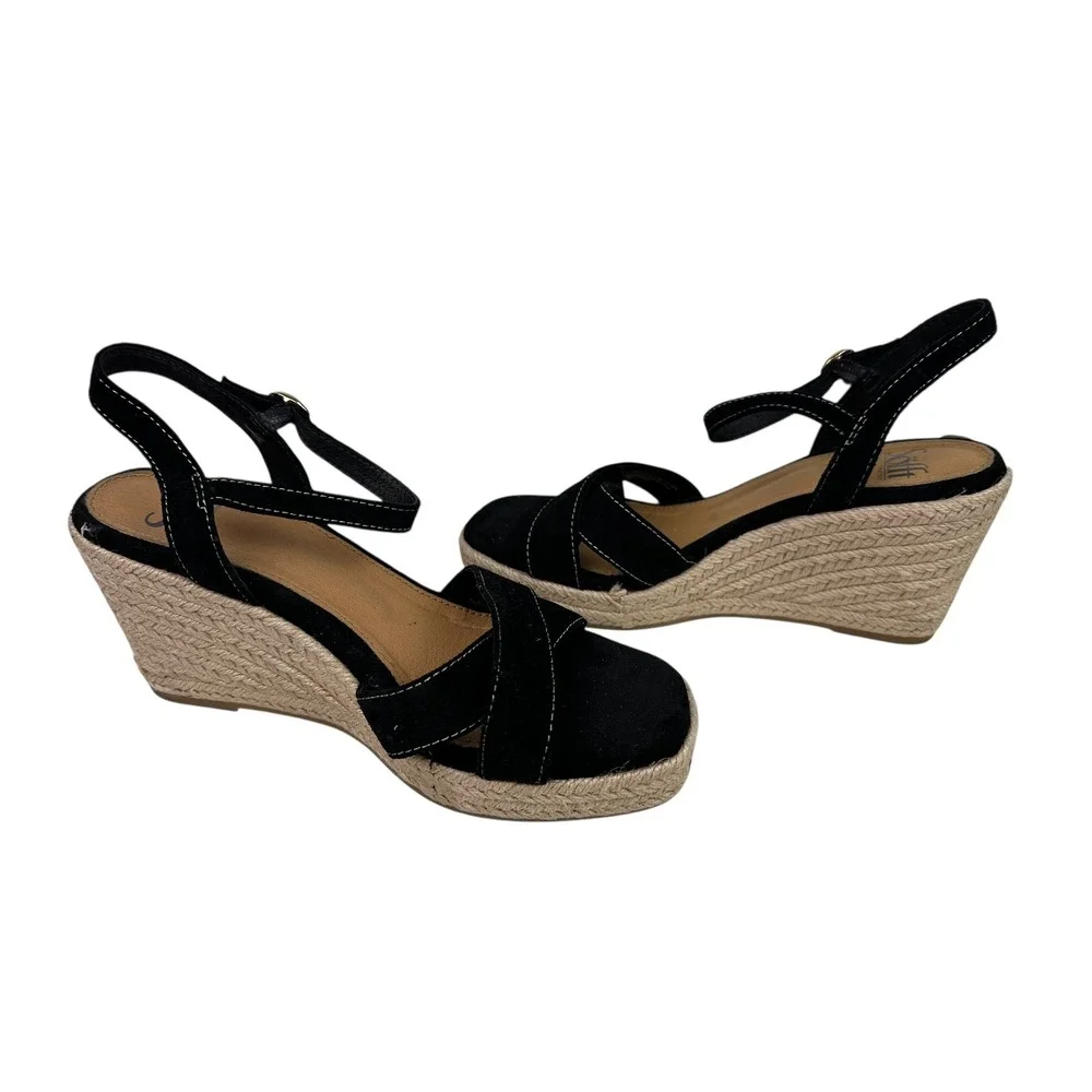 Sofft Womens Black Suede Leather Espadrille Wedge Sandals Size 7 Ankle Strap